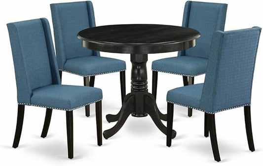 East West Furniture ANFL5-ABK-21 5 Piece Dinette Set for 4 Includes a Round Kitchen Table with Pedestal and 4 Blue Linen Fabric Parsons Dining Chairs, 36x36 Inch, Wirebrushed Black