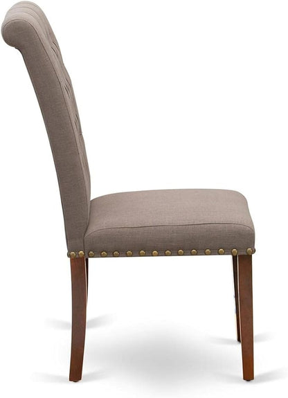 East West Furniture BRP3T18 Bremond Parson Kitchen Chairs - Button Tufted Nailhead Trim Brown Linen Linen Fabric Padded Dining Chairs, Set of 2, Mahogany