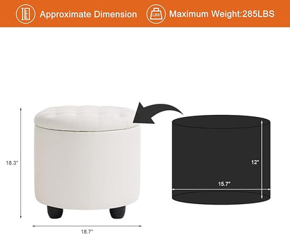 Furniliving Upholstered Button Tufted Round Ottoman, PU Storage Ottoman Round, Removable Lid Convenient Footstools, Classic Ottoman with Storage for Vanity, Nursery Room，IvoryWhite