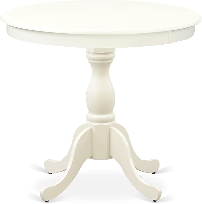 East West Furniture AMAB3-LWH-02 3 Piece Dining Room Furniture Set Contains a Round Dining Table with Pedestal and 2 Light Beige Linen Fabric Upholstered Chairs, 36x36 Inch, Linen White