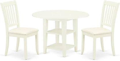 East West Furniture SUDA3-LWH-C 3 Piece Dining Table Set Contains a Round Dining Room Table with Dropleaf & Shelves and 2 Linen Fabric Upholstered Chairs, 42x42 Inch, Linen White