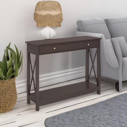 Treocho Black Console Table with Drawer and Storage Shelves, Foyer Sofa Table Narrow for Entryway, Living Room, Hallway