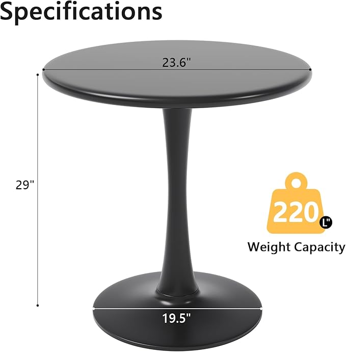 24 Inch Black Small Tulip Table, Round Dining Table for 2 Person with Pedestal for Kitchen, Circle Bistro Table, Mid Century Modern Cafe Tables for Small Spaces in Living Room, Office, Coffee,Pub, Bar