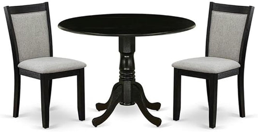 East West Furniture DLMZ3-AB6-06 3 Piece Modern Dining Table Set Contains a Round Wooden Table with Dropleaf and 2 Shitake Linen Fabric Parsons Dining Chairs, 42x42 Inch, Wirebrushed Black