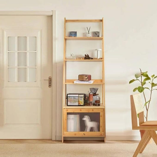 5-Tier Bamboo Ladder Bookshelf with Flip-Up Storage Cabinet - Large Capacity Mid Century Modern Bookcase, Space Saving Accent Furniture Open Display Rack Shelf for Bedroom Living Room Home Office