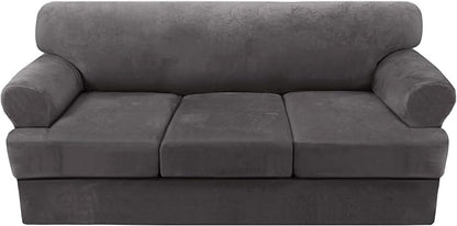 H.VERSAILTEX 4 Piece T Cushion Sofa Slipcovers Thick Velvet Stretch Couch Cover Furniture Protector for 3 Couch Covers with 3 Individual T Cushion Covers Washable, Grey