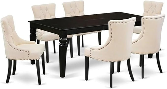 East West Furniture LGFR7-BLK-02 7 Piece Dining Set Consist of a Rectangle Dining Room Table with Butterfly Leaf and 6 Light Beige Linen Fabric Upholstered Chairs, 42x84 Inch, Black