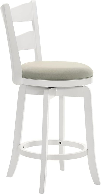 Armen Living Blair 30 in. Matte White Bar Height Rubberwood Swivel Barstool with Fog Fabric Seat - Set of 2