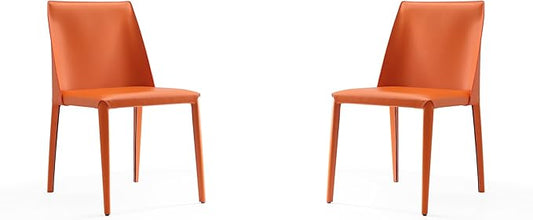 Manhattan Comfort Paris Modern Saddle Leather Dining Chairs, Metal Frame, Comfortable Padded Seat, Fully Assembled Kitchen Accent Furniture, Set of 2, Set of 2, Coral