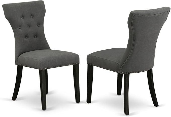 East West Furniture GAP6T50 Gallatin Parson Chairs - Button Tufted Nailhead Trim Dark Gotham Linen Fabric Upholstered Dining Chairs, Set of 2, Wirebrushed Black