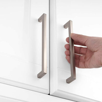 KOOFIZO Solid Square Bar Cabinet Handle - Brushed Nickel Furniture Pull, 6.3 Inch/160mm Screwhole Distance, 10-Pack for Kitchen Cupboard Door, Bedroom Dresser Drawer, Bathroom Wardrobe Hardware