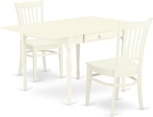 East West Furniture MZGR3-LWH-W 3 Piece Kitchen Table & Chairs Set Contains a Rectangle Dining Table with Dropleaf and 2 Dining Room Chairs, 36x54 Inch, Linen White