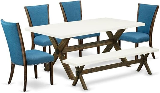 East West Furniture X727VE721-6 6 Piece Dining Table Set Contains a Rectangle Dining Room Table with X-Legs and 4 Blue Color Linen Fabric Parson Chairs with a Bench, 40x72 Inch, Multi-Color