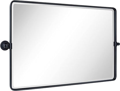 TEHOME 24x38 Horizontal Pivot Bathroom Mirror Tilting Black Metal Framed Pivot Rectangle Bathroom Mirror Rounded Rectangluar Tilting Beveled Vanity Mirrors for Wall