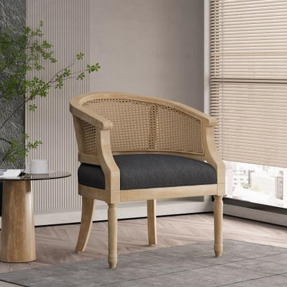 Ball & Cast Accent Chair French Country Lounge Living Room Chairs with Curved Backrest,Cane Webbing Seat w/Upholstered,Seating Furniture for Bedroom,Apartment,Charcoal