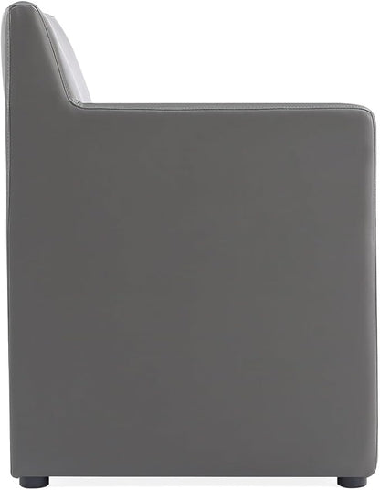 Manhattan Comfort Anna Square Modern Dining Chair with Arms, Head-to-Toe Faux Leather Upholstered Accent Armchair with Plastic Foot Padding, Set of 1, Pewter