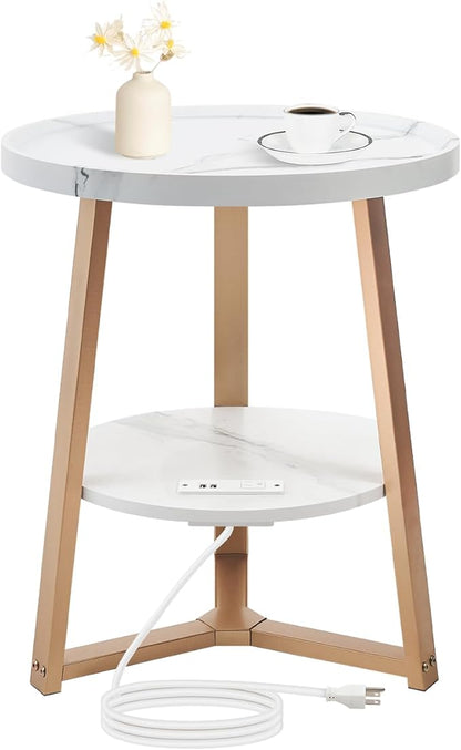 Round End Table with Charging Station, 19.7" Dia x 23.63" H, Side Table with Storage Shelf, for Living Room, Bedroom, Faux Marble Top, Gold & White