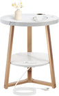 Round End Table with Charging Station, 19.7" Dia x 23.63" H, Side Table with Storage Shelf, for Living Room, Bedroom, Faux Marble Top, Gold & White