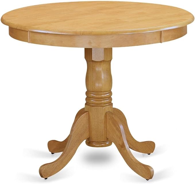 East West Furniture ANAB5-OAK-04 5 Piece Dining Table Set for 4 Includes a Round Kitchen Table with Pedestal and 4 Light Tan Linen Fabric Parson Dining Chairs, 36x36 Inch, Oak
