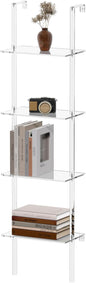 Small Acrylic Ladder Bookshelf, 9.5" D x 15.6" W, 4-Tier Clear Wall Mounted Book Shelf for Small Spaces, Multipurpose Bookcase for Living Room, Bathroom, Office, Modern, 59" H