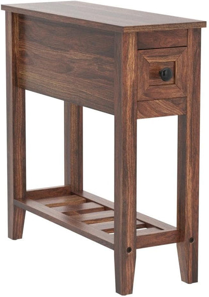 2 Pack Chairside Narrow End Table with Drawer, Solid Recliner Side Table with Storage Shelf, Slim Nightstand Bedside Table for Bedroom