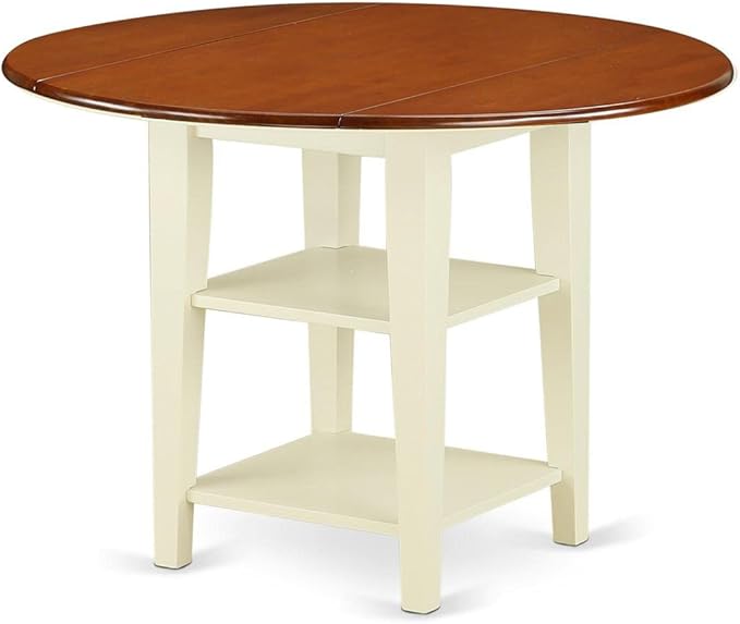 East West Furniture SUNI3-BMK-W 3 Piece Kitchen Table Set for Small Spaces Contains a Round Dining Room Table with Dropleaf & Shelves and 2 Dining Chairs, 42x42 Inch, Buttermilk & Cherry
