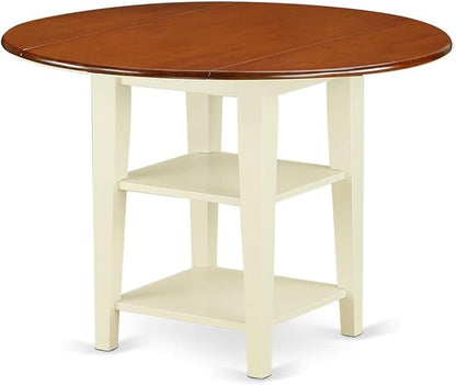 East West Furniture SUNI3-BMK-W 3 Piece Kitchen Table Set for Small Spaces Contains a Round Dining Room Table with Dropleaf & Shelves and 2 Dining Chairs, 42x42 Inch, Buttermilk & Cherry