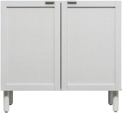 Sango Orre 2-Door Cabinet, Modern White Storage Cabinet with Synthetic Rattan Door Panels, Adjustable Shelf, Cylindrical Wood Legs, Discreet Finger Pulls, Elegant Furniture for Office or Living Room