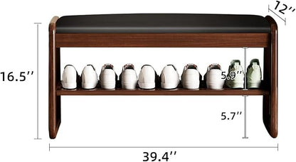 Wooden Shoe Storage Bench with Padded Top Cushion, Two-Tier Wooden Shoe Rack, Suitable for Bedrooms and Living Rooms, Black Walnut(39.4'')