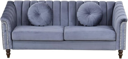 Sectional Sofa Set, Microfiber Chesterfield Upholstered Sofas Loveseat Couch Chair Sets with Style Button Tufted, Scroll Arms and Nailhead for Living Room, Office, Apartment, Grey,S