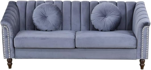 Sectional Sofa Set, Microfiber Chesterfield Upholstered Sofas Loveseat Couch Chair Sets with Style Button Tufted, Scroll Arms and Nailhead for Living Room, Office, Apartment, Grey,S