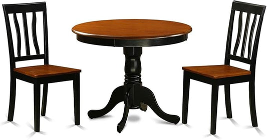 East West Furniture ANTI3-BLK-W 3 Piece Kitchen Table & Chairs Set Contains a Round Dining Room Table with Pedestal and 2 Solid Wood Seat Chairs, 36x36 Inch, Black & Cherry