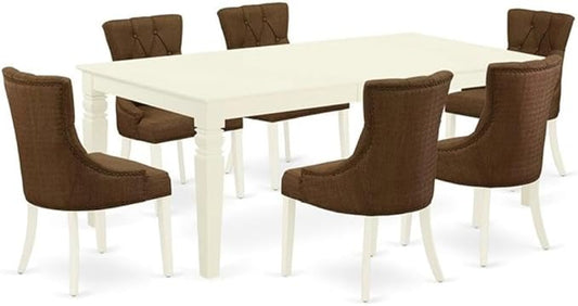 East West Furniture LGFR7-LWH-18 7 Piece Kitchen Table Set Consist of a Rectangle Dining Table with Butterfly Leaf and 6 Brown Linen Linen Fabric Parson Chairs, 42x84 Inch, Linen White