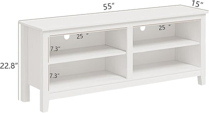 Modern TV Stand for 65 inch TV, White Wood TV Cabinet with 4 Open Storage Shelves, Fits 50-65 Inch TVs, 55 Inches W x 15 Inches D x 22.8 Inches H