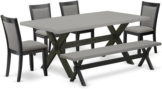 East West Furniture X697MZ650-6 6 Piece Dinette Set Contains a Rectangle Dining Table with X-Legs and 4 Dark Gotham Grey Linen Fabric Parson Chairs with a Bench, 40x72 Inch, Multi-Color