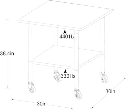 ROCKPOINT Stainless Steel Table for Prep & Work with Caster Wheels 30x30 Inches, NSF Commercial Heavy Duty Table with Undershelf and Legs for Restaurant, Home and Hotel