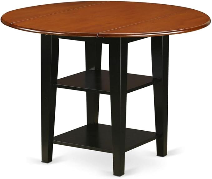 East West Furniture SUNI3-BCH-C 3 Piece Kitchen Table Set Contains a Round Dining Room Table with Dropleaf & Shelves and 2 Linen Fabric Upholstered Dining Chairs, 42x42 Inch, Black & Cherry