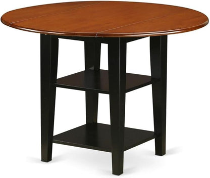 East West Furniture SUNI3-BCH-C 3 Piece Kitchen Table Set Contains a Round Dining Room Table with Dropleaf & Shelves and 2 Linen Fabric Upholstered Dining Chairs, 42x42 Inch, Black & Cherry