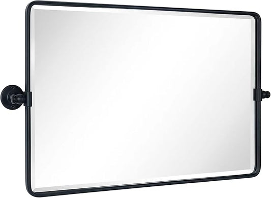 TEHOME 20x33'' Horizontal Farmhouse Black Metal Framed Rounded Pivot Rectangle Bathroom Mirror Tilting Beveled Vanity Mirrors for Wall