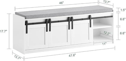 Haotian Industrial Style Shoe Storage Bench, Entryway Hallway Shoe Cabinet, Sliding Barn Doors, Drawer & Padded Seat Cushion, Rustic Window Bench for Mudroom (White) FSR198-W