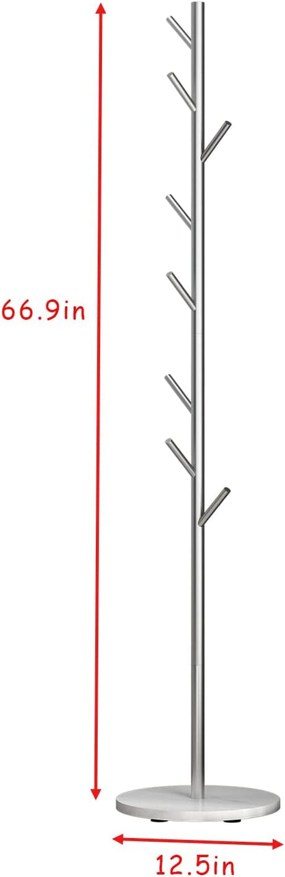 Silver Coat Racks, Metal Coat Rack Freestanding with Hooks, Entryway Coat Rack Stand, Coat Racks with Marble Base, Coat Tree for Hanging Clothes, Hats, Bags