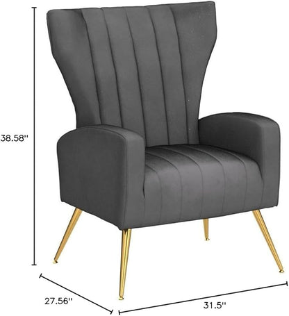 Container Furniture Direct Modern Velvet Accent Chair, Channel Tufted Bedroom, Office or Living Room Furniture with Elegant Metal Legs, 26" Wide Armchair, Grey