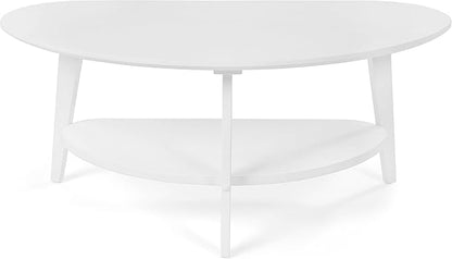Mid-Century Modern Coffee Table for Living Room, 100% Solid Wood Oval Coffee Table, 2 Tier Wooden Coffee Tables for Home Office Livingroom, 40.2 x 22 Inches Easy Assemble (White)