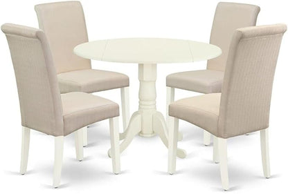 East West Furniture DLBA5-WHI-01 5 Piece Dining Table Set for 4 Includes a Round Kitchen Table with Dropleaf and 4 Cream Linen Fabric Parson Dining Chairs, 42x42 Inch, Linen White