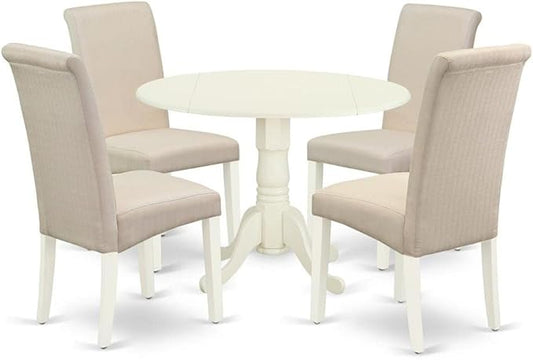 East West Furniture DLBA5-WHI-01 5 Piece Dining Table Set for 4 Includes a Round Kitchen Table with Dropleaf and 4 Cream Linen Fabric Parson Dining Chairs, 42x42 Inch, Linen White