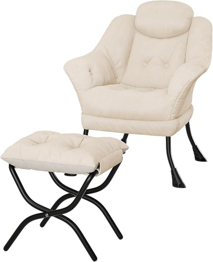 IDEALHOUSE Lazy Chair with Ottoman - Modern Living Room Chairs for Small Spaces, Ergonomic Reading Chair with Armrests, Comfy Chair with Ottoman for Bedroom & Living Room, Beige