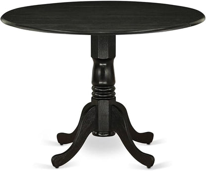 East West Furniture DLSI3-ABK-21 3 Piece Modern Dining Table Set Contains a Round Wooden Table with Dropleaf and 2 Blue Linen Fabric Upholstered Parson Chairs, 42x42 Inch, Wirebrushed Black