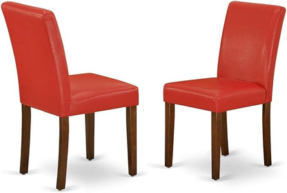 East West Furniture DLAB3-MAH-72 3 Piece Kitchen Table Set Contains a Round Dining Table with Dropleaf and 2 Firebrick Red Faux Leather Upholstered Chairs, 42x42 Inch, Mahogany