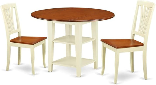 East West Furniture SUAV3-BMK-W 3 Piece Kitchen Table Set for Small Spaces Contains a Round Dining Table with Dropleaf & Shelves and 2 Dining Room Chairs, 42x42 Inch, Buttermilk & Cherry