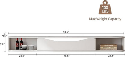 Floating TV Stand,94'' Wall Mounted TV Cabinet,Floating TV Console,Under TV Shelf with 1 Door and 2 Cabinets for TVs up to 90''(White)